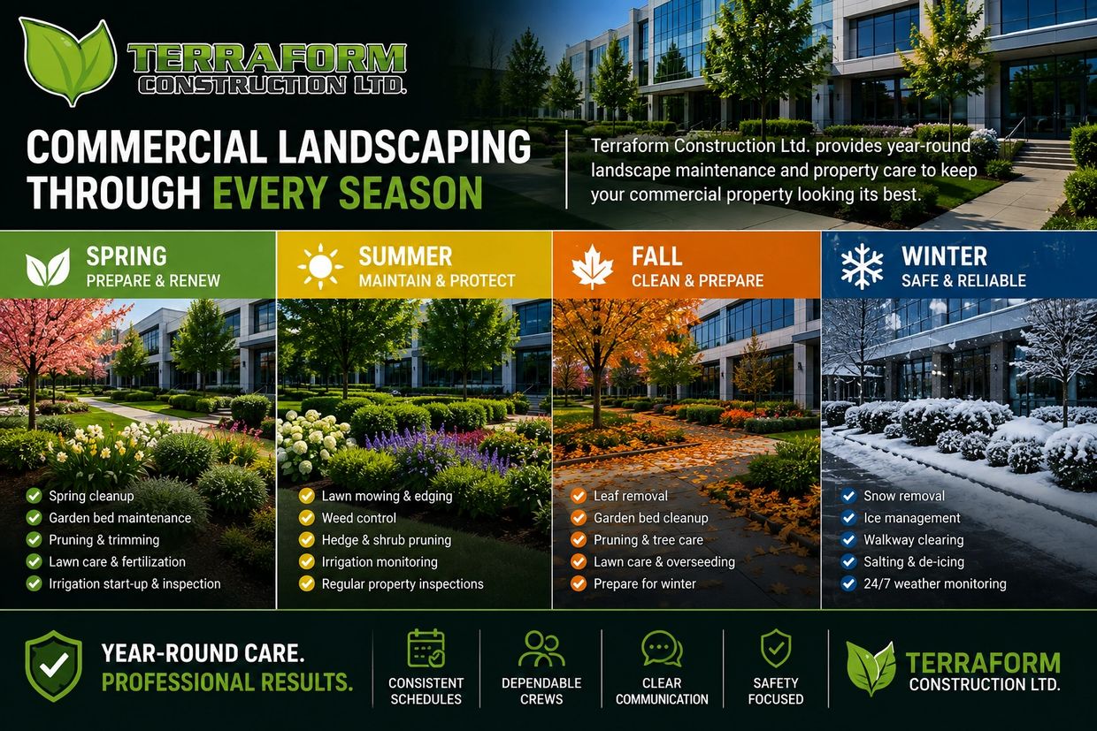 Year-round commercial landscape maintenance in Metro Vancouver showing spring cleanup, summer lawn a