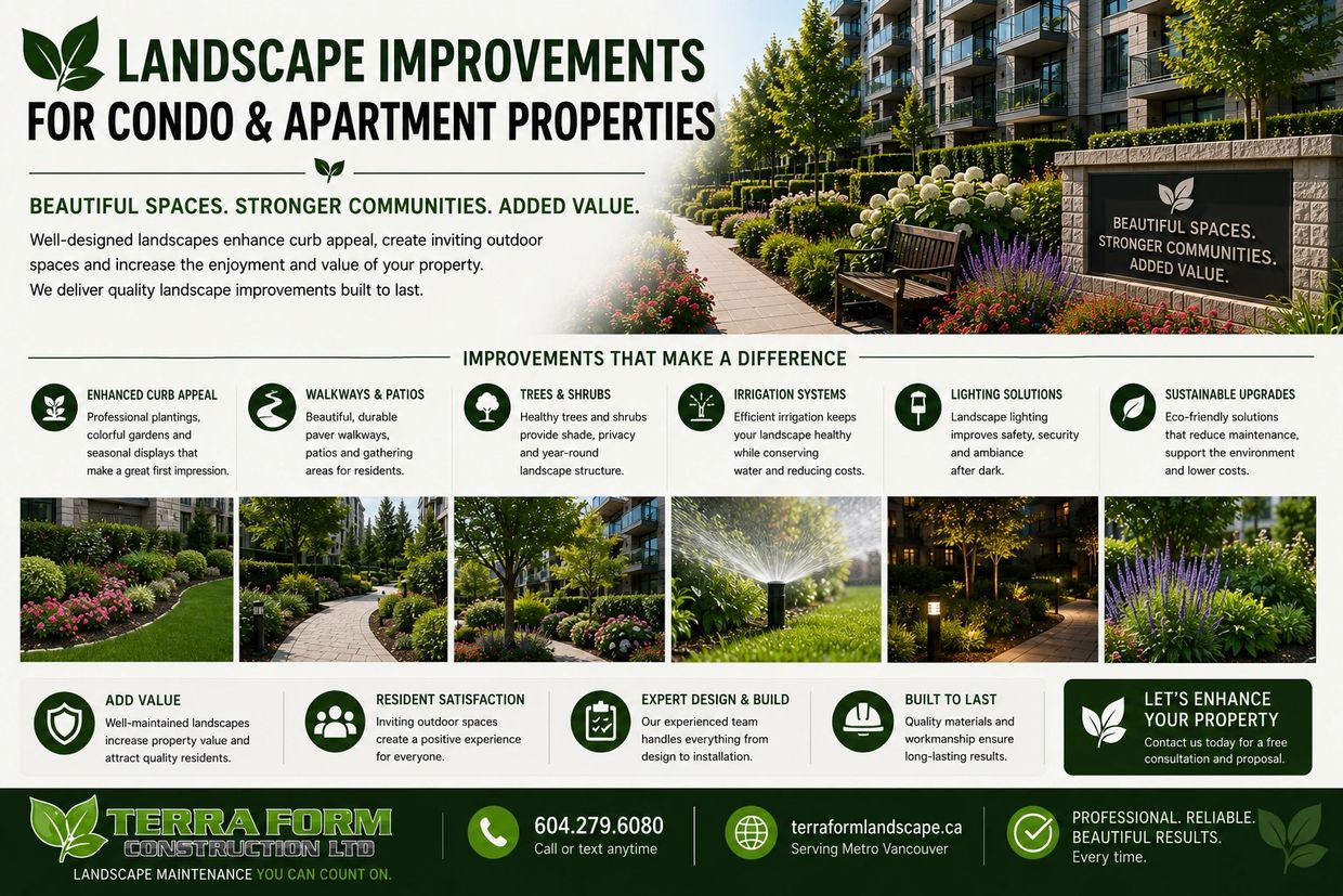 Condo landscape improvements including gardens, planting, paver repairs, drainage and retaining wall