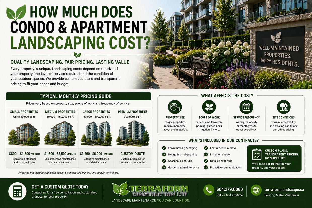 Condo landscaping costs based on property size, service frequency and landscape maintenance requirem
