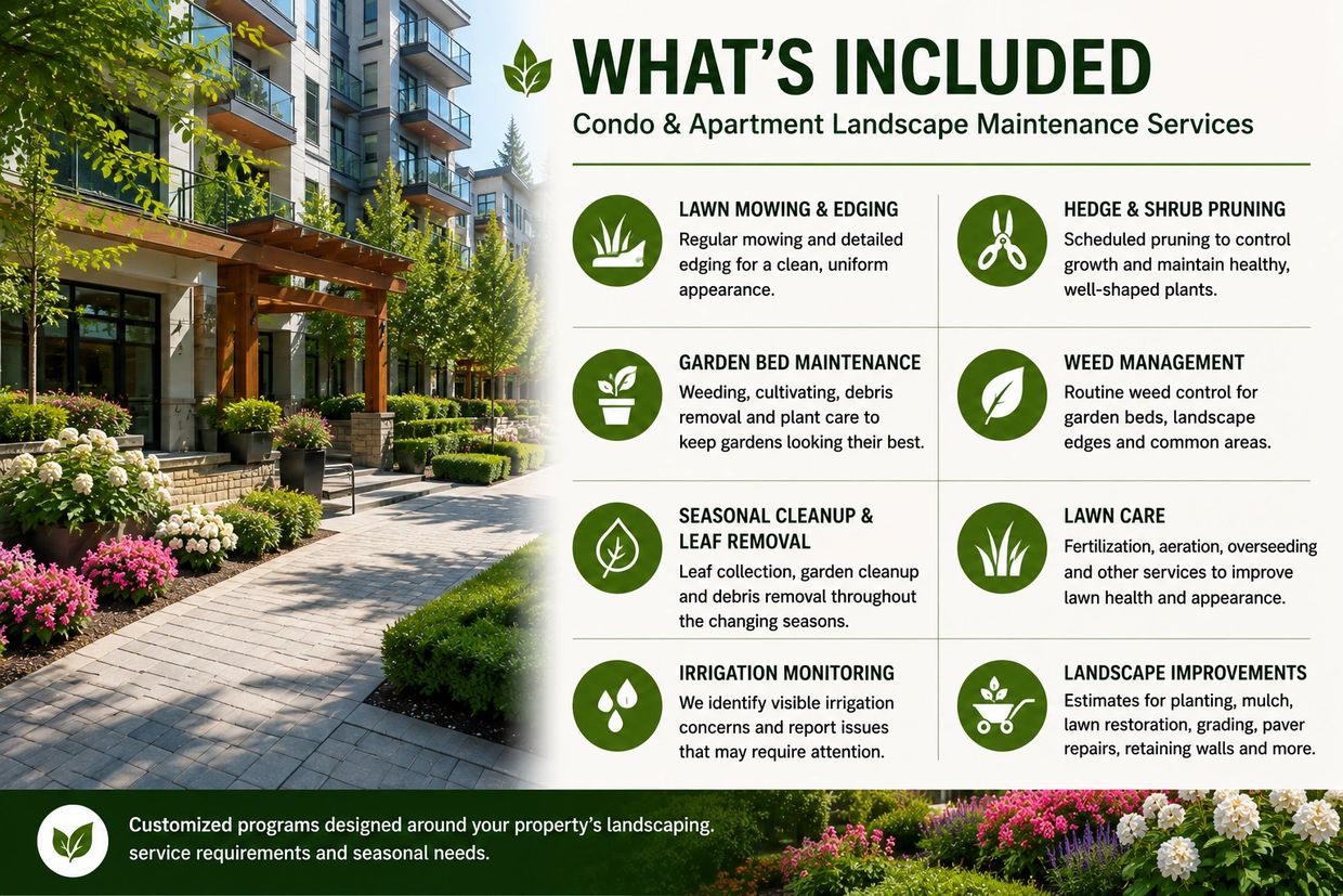 Condo landscaping services including gardens, pruning, lawn care, seasonal cleanup and landscape mai