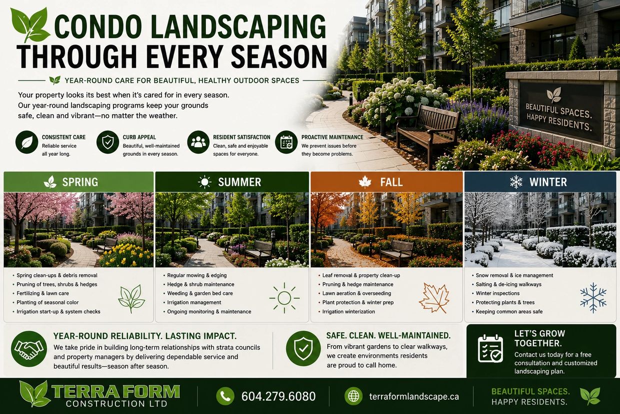 Year-round condo landscaping in Metro Vancouver with spring, summer, fall and winter property mainte
