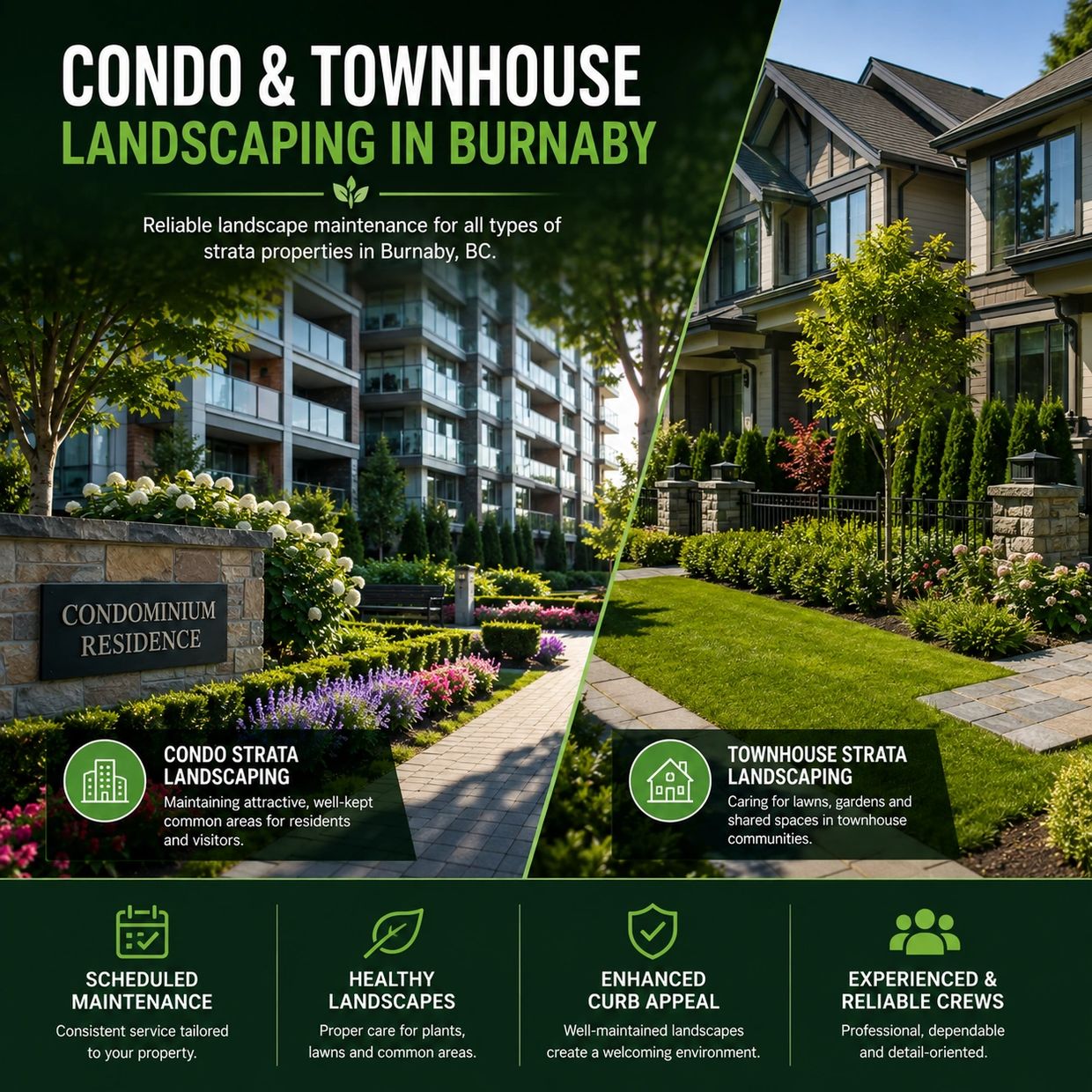 Condo and townhouse strata landscaping with professional landscape maintenance in Burnaby, BC.