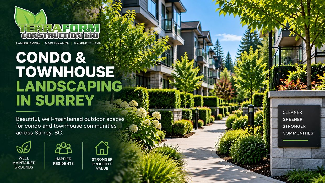Condo and townhouse landscaping in Surrey BC with professionally maintained gardens, hedges, walkway