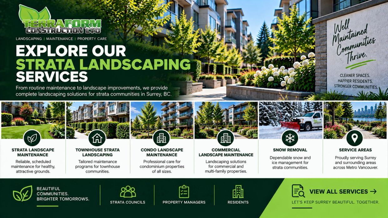 Strata landscaping services in Surrey BC including townhouse and condo landscape maintenance, commer