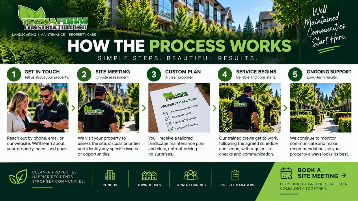 How the strata landscaping process works in Surrey BC, from property review and site assessment to a