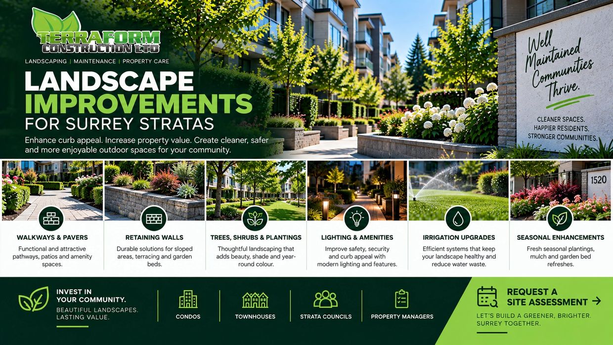 Landscape improvements for Surrey strata properties including paver walkways, retaining walls, plant