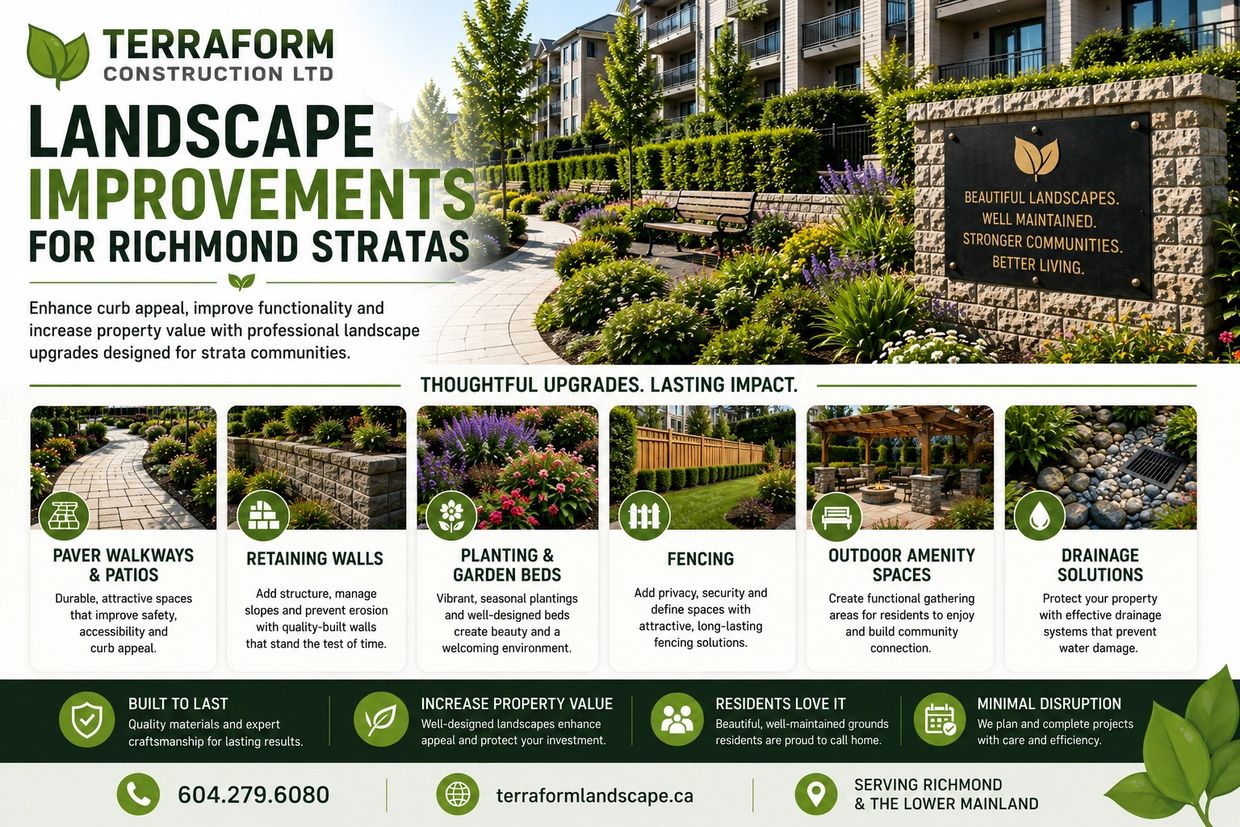 Richmond strata landscape improvements including pavers, retaining walls, planting, lawns and irriga