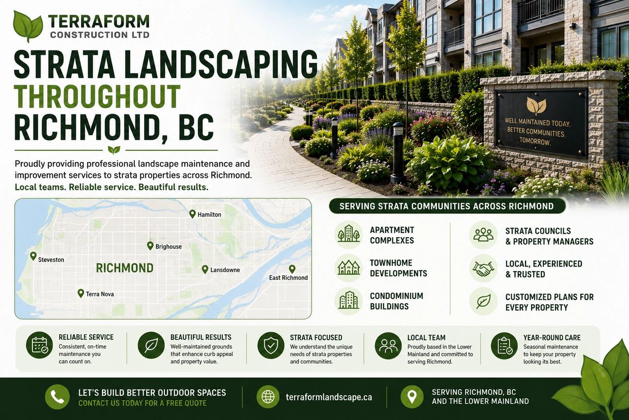 Strata landscaping throughout Richmond BC for townhouse, condo and multi-family properties.