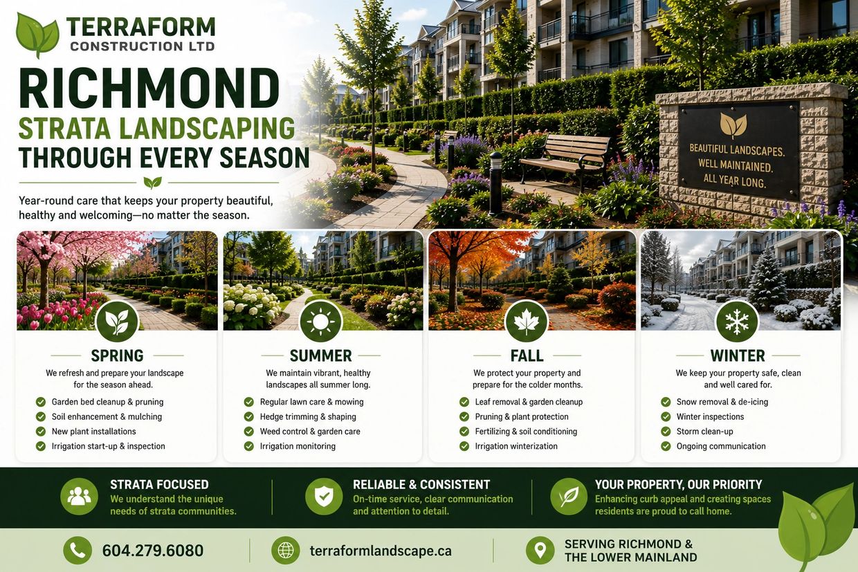 Year-round strata landscaping in Richmond BC with seasonal groundskeeping and landscape maintenance.