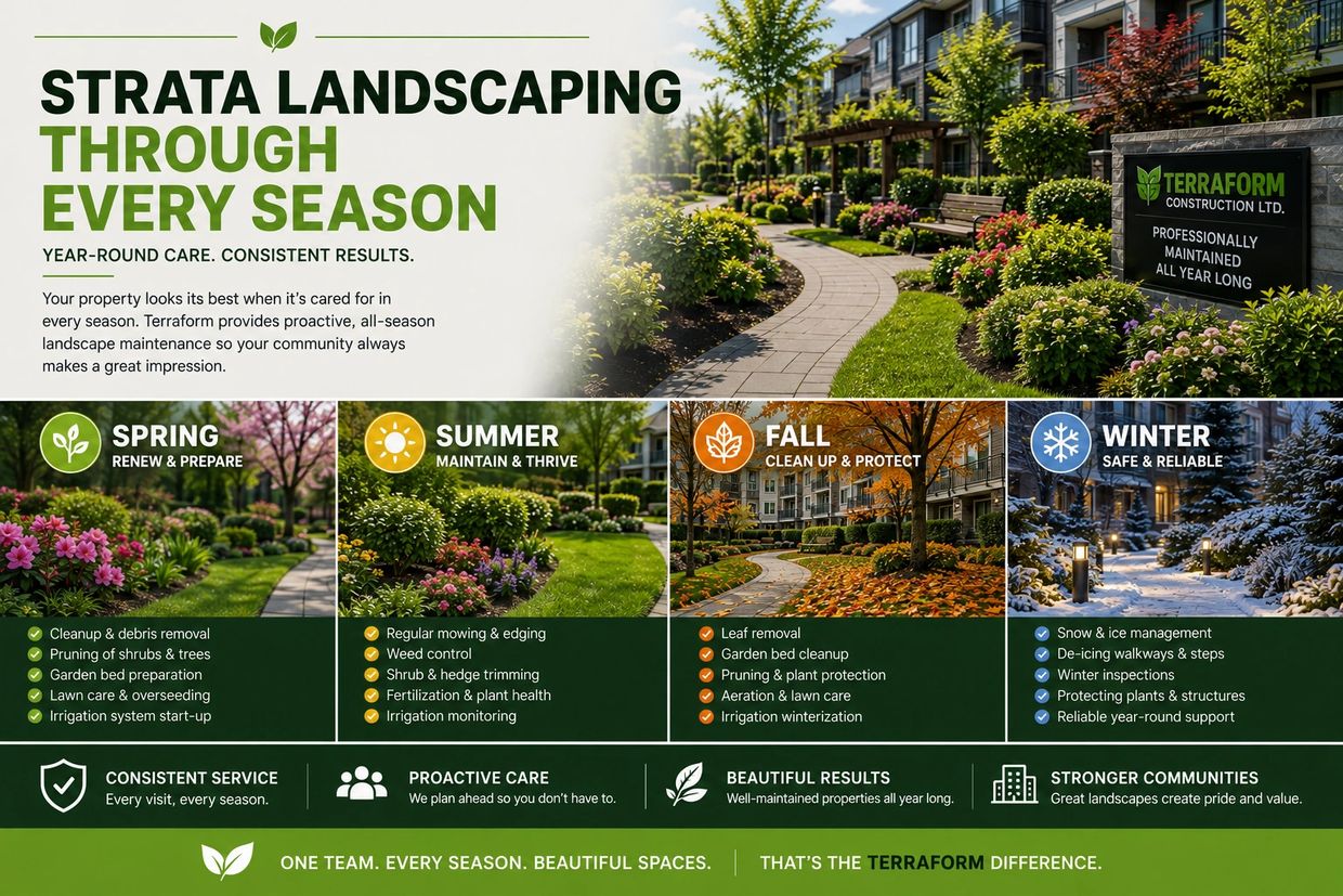 Year-round strata landscaping in Metro Vancouver showing professional spring, summer, fall and winte