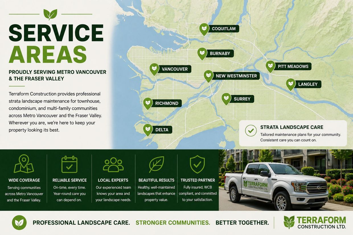 Terraform Construction strata landscaping service areas across Metro Vancouver and the Fraser Valley