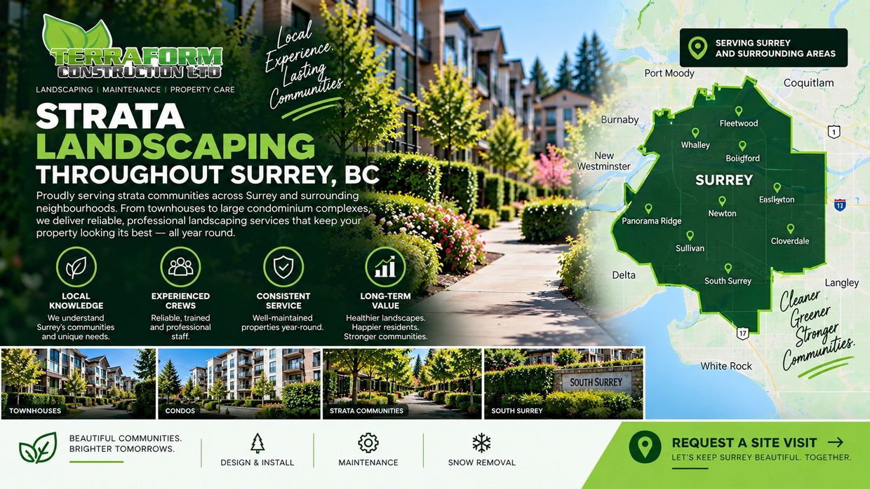 Strata landscaping throughout Surrey BC for condo and townhouse communities, including Fleetwood, Ne