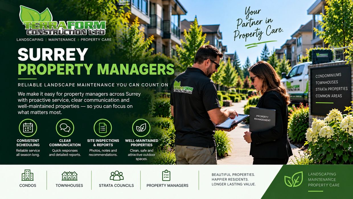 Surrey property manager reviewing strata landscape maintenance with Terraform Construction at a prof