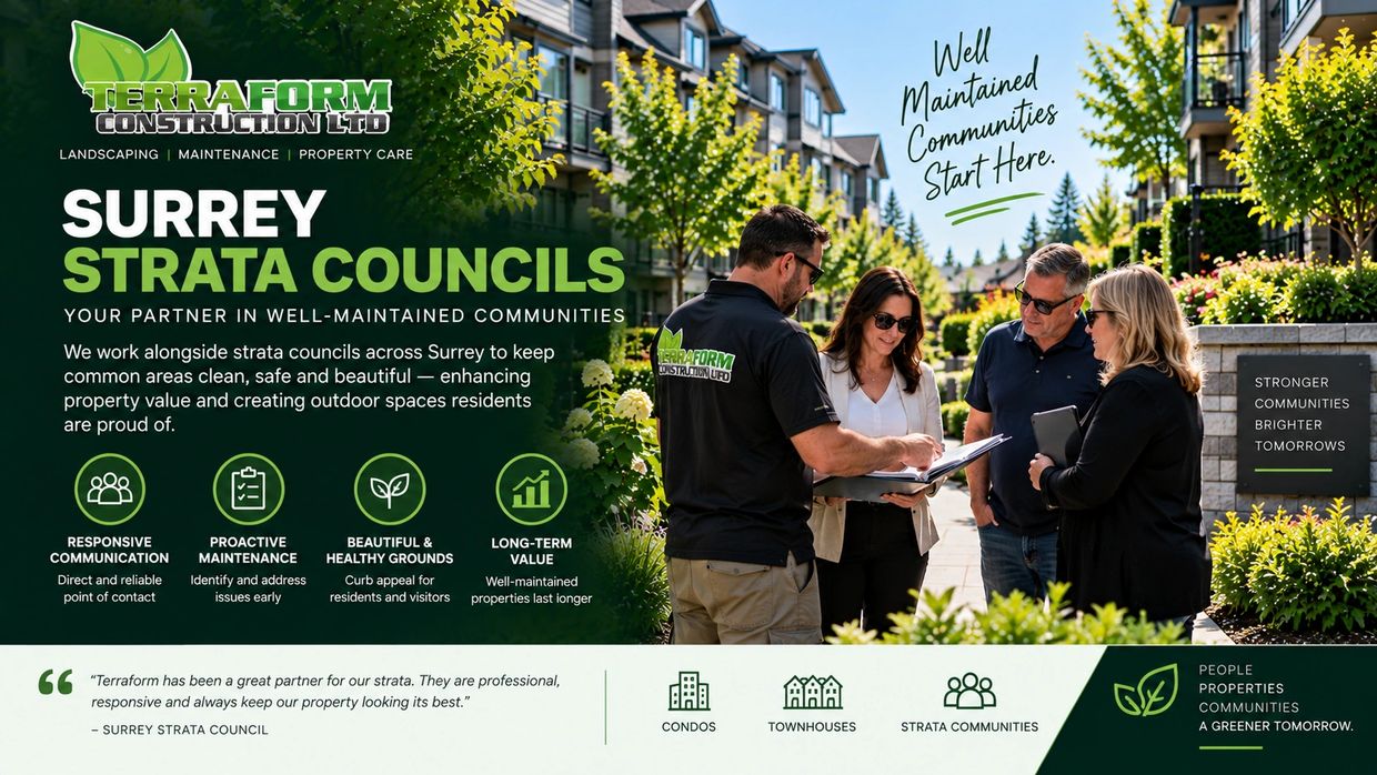 Surrey strata council reviewing professional landscape maintenance for a townhouse community with Te