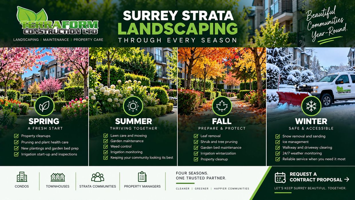 Year-round strata landscaping in Surrey BC showing seasonal landscape maintenance for condo and town