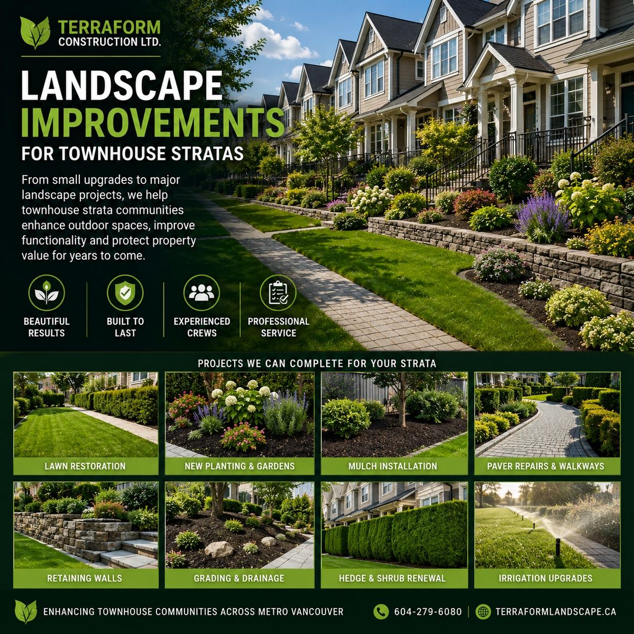 Townhouse strata landscape improvements including lawn restoration, planting, paver repairs, grading