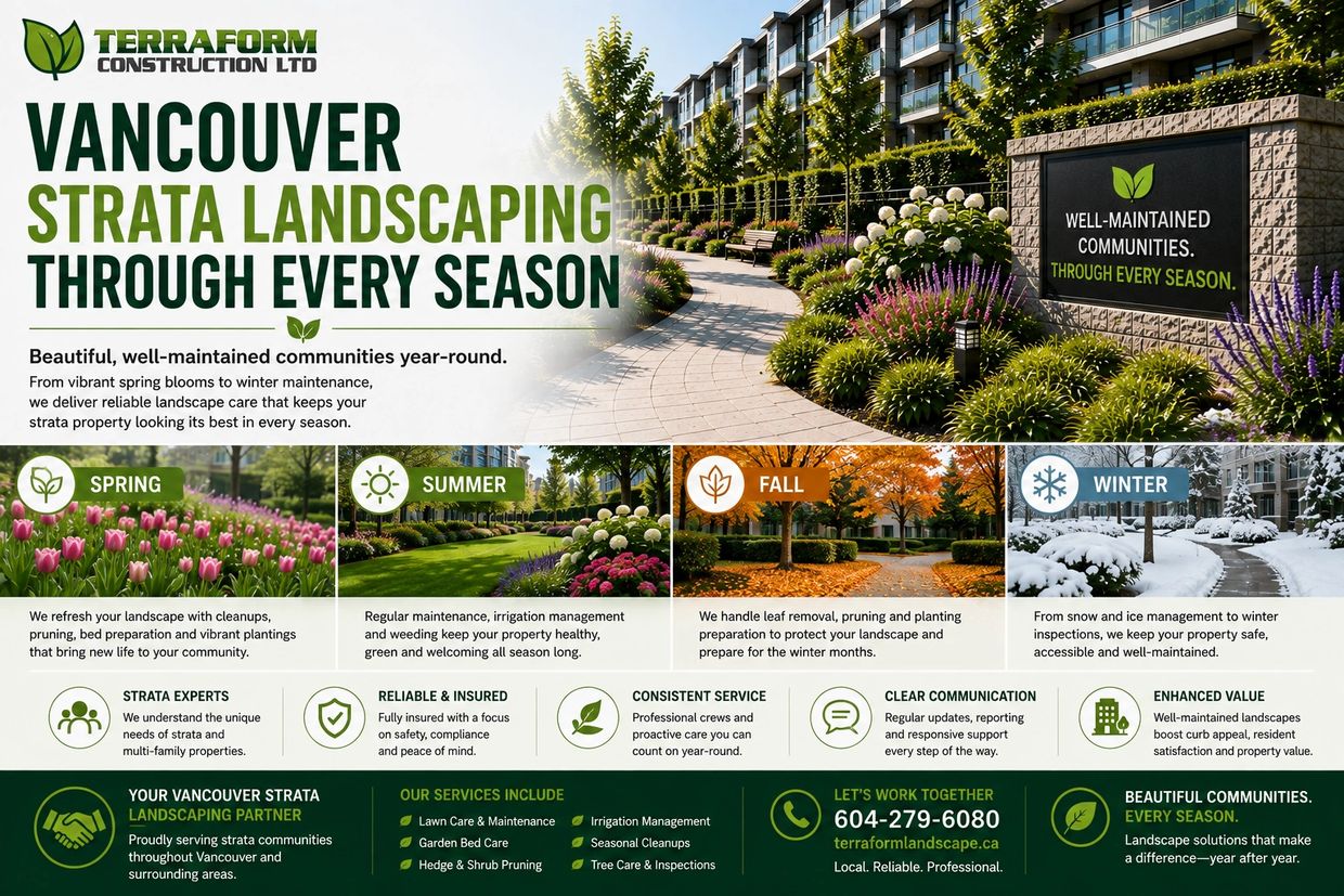 Year-round Vancouver strata landscaping with seasonal landscape maintenance for spring, summer, fall