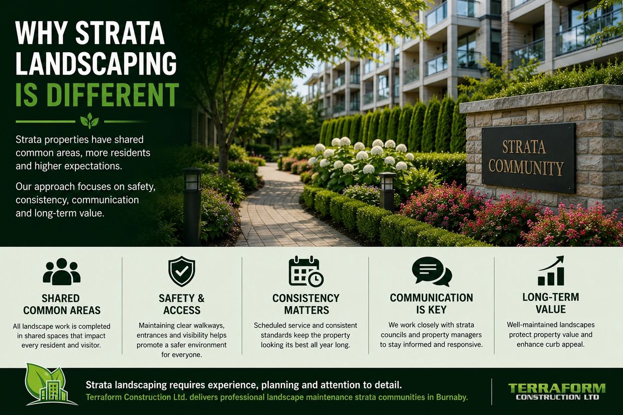 Strata landscaping in Burnaby focused on shared common areas, consistent maintenance and property pr