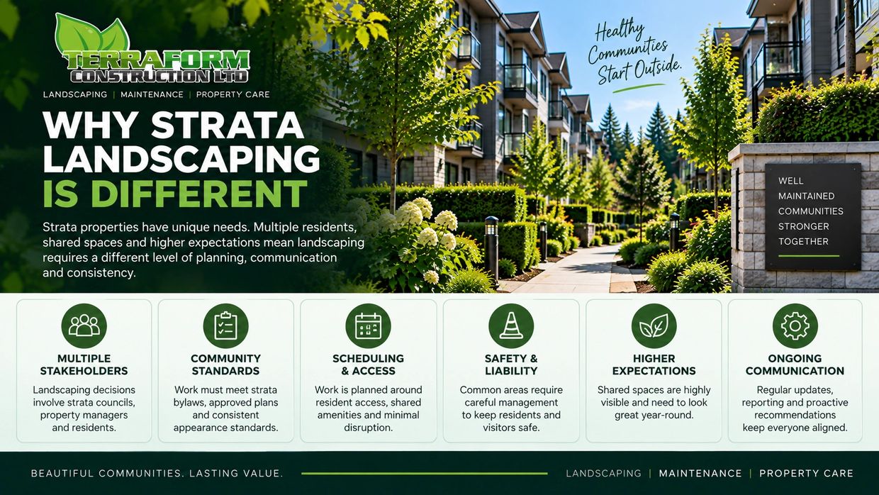 Why strata landscaping is different, with scheduled grounds maintenance and consistent care for shar