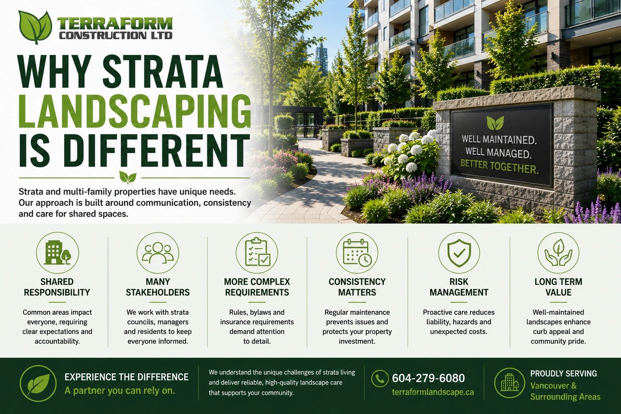 Why strata landscaping in Vancouver requires specialized maintenance for shared outdoor spaces, comm