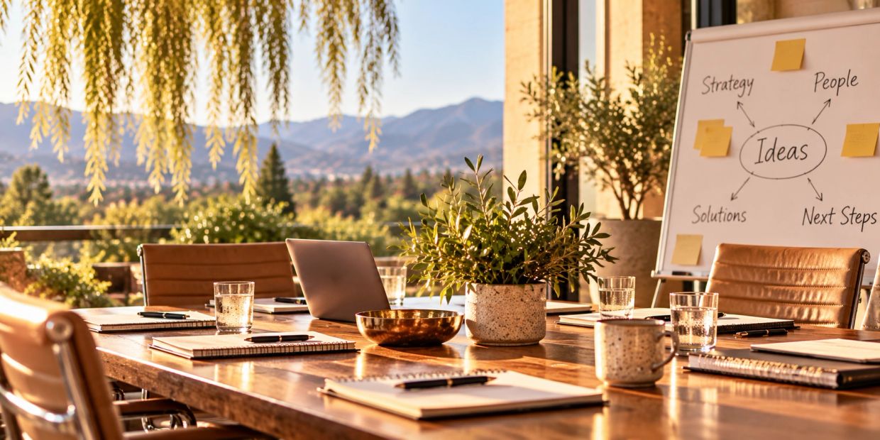 Outdoor conference table setup with a flipchart on ideas.
