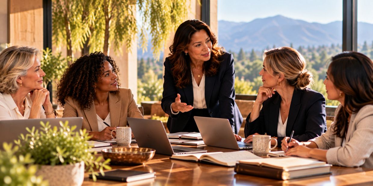 Women having a business meeting in a bright room.