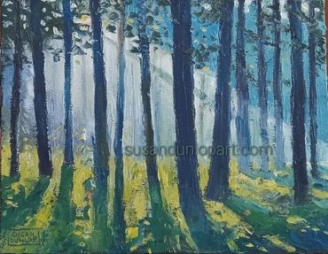 Oil painting of morning sun filtering through the trees