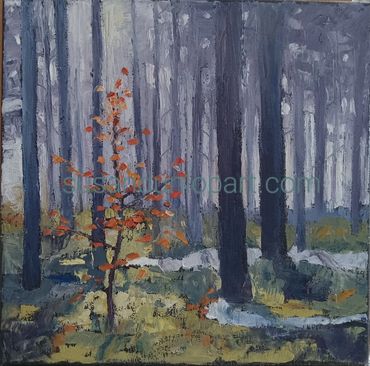 Oil painting of a beech sapling highlighted by the sun filtering through the trees