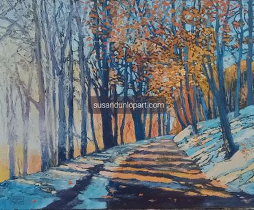 Sunlight casting long shadows across a snowy woodland lane
