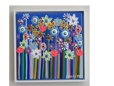 Vibrant abstract floral painting with colorful stems and flowers on a blue background.
