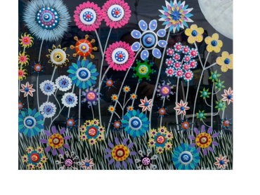Colorful, whimsical flowers with patterned petals on long stems against a dark background.