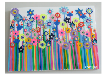 Colorful abstract flowers with long striped stems on a white background.