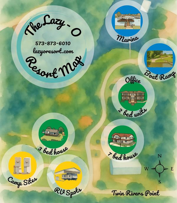 Map of The Lazy-O Resort showing marina, boat ramp, houses, camp sites, and RV spots.
