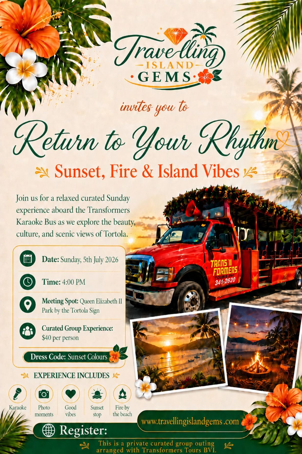 Travel event poster for a karaoke bus tour in Tortola with sunset and island vibes.