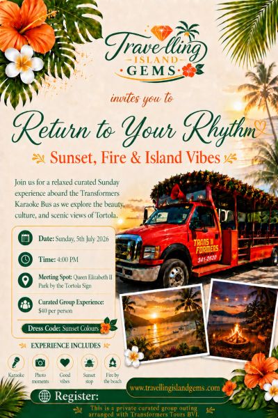 Travel event poster for a karaoke bus tour in Tortola with sunset and island vibes.