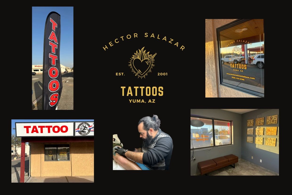 Tattoo Shop in Yuma, AZ. Pictures show Hector Salazar Tattooing a leg and our outdoor tattoo sign