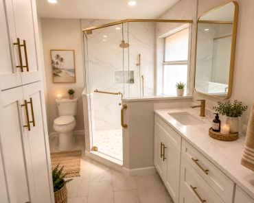 Modern bathroom with gold accents and marble finishes.