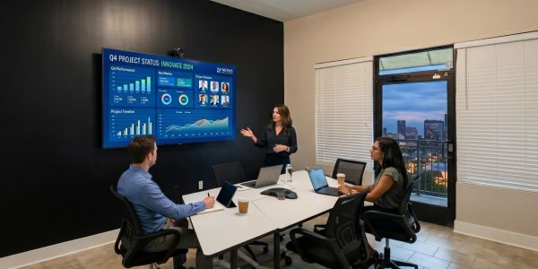 Three colleagues in a meeting room reviewing project status on a large screen.