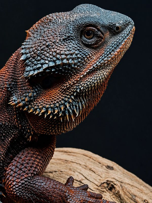 Close-up of a textured reptile head and arm on wood.