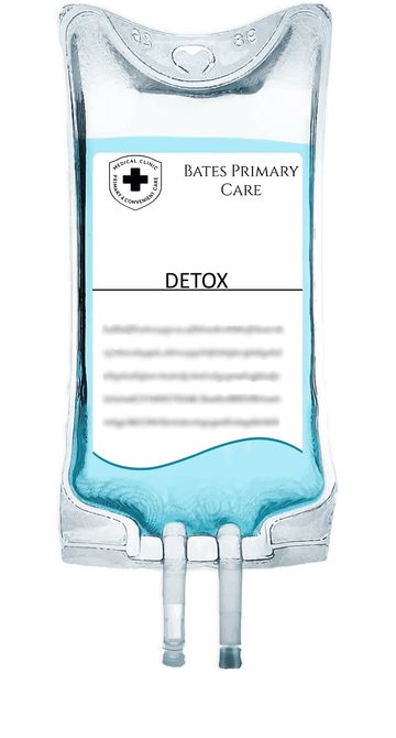 IV drip bag labeled 'Detox' from Bates Primary Care filled with blue liquid.