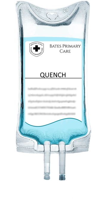 IV bag labeled 'QUENCH' from Bates Primary Care with blue liquid inside.