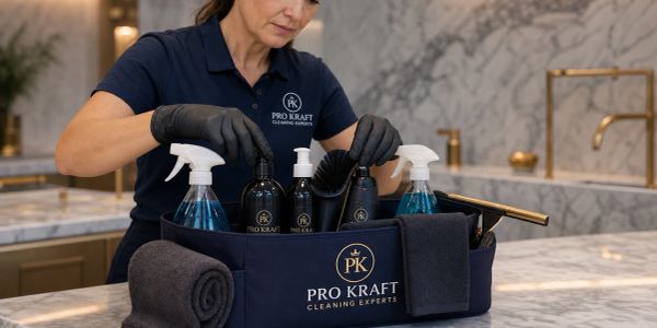 Cleaning expert arranging supplies in a basket on a marble countertop.