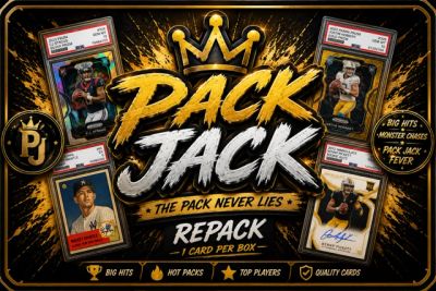 Pack Jack trading cards advertisement with sports cards and a golden crown.