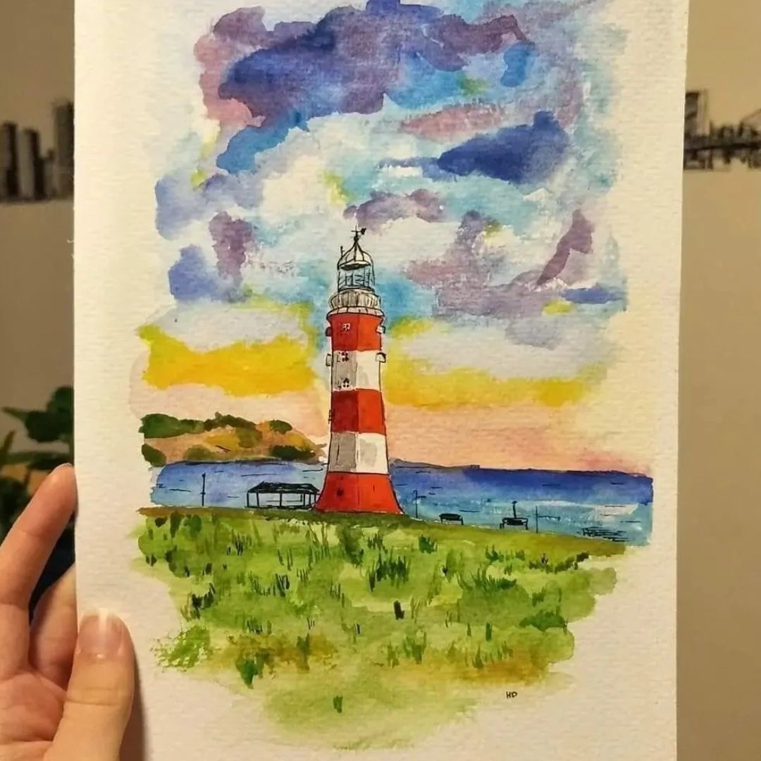 Watercolour painting of smeatons tower Plymouth
