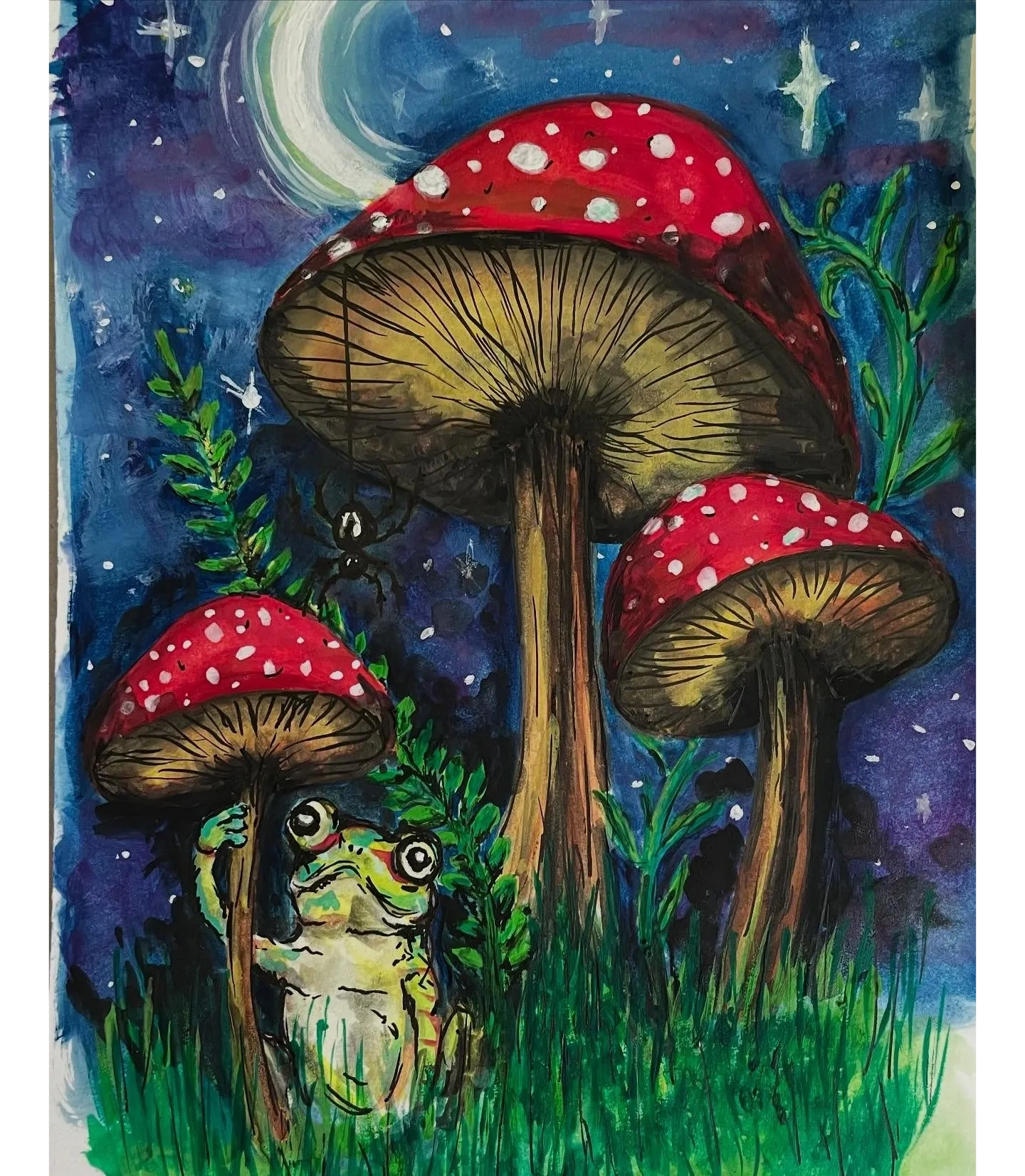 Whimsical mushroom and frog painting