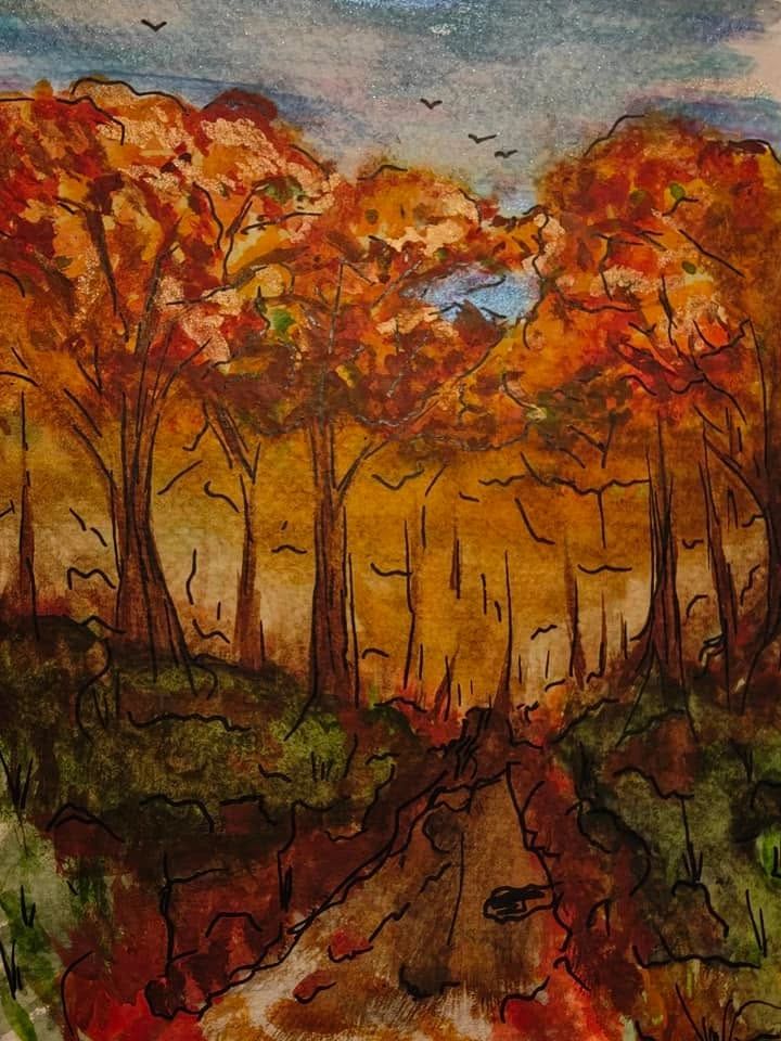 Watercolour and ink painting, A Woodland Autumn Walk.