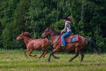 Woman in cowboy hat riding a horse alongside a running horse in a green field.