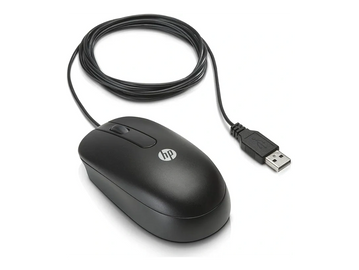 Black wired HP USB computer mouse on a white background.