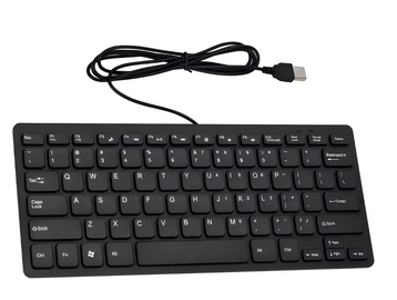 Black wired USB keyboard with compact layout and chiclet keys.
