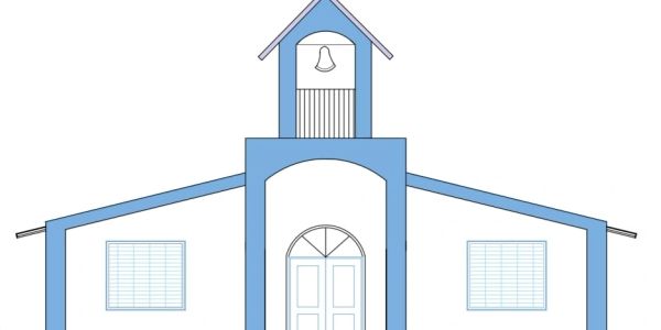 Simple blue and white church with a bell tower and symmetrical windows.